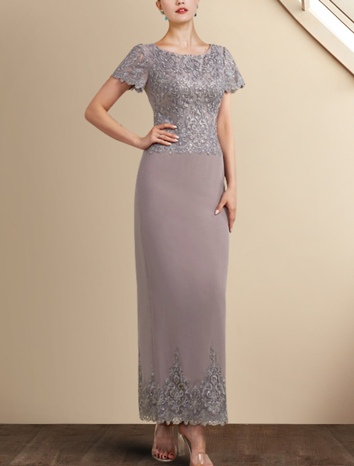 Abito da madre della sposa a tubino/colonna, elegante, con scollo gioiello, lunghezza alla caviglia, in chiffon, pizzo, maniche corte con applicazioni
