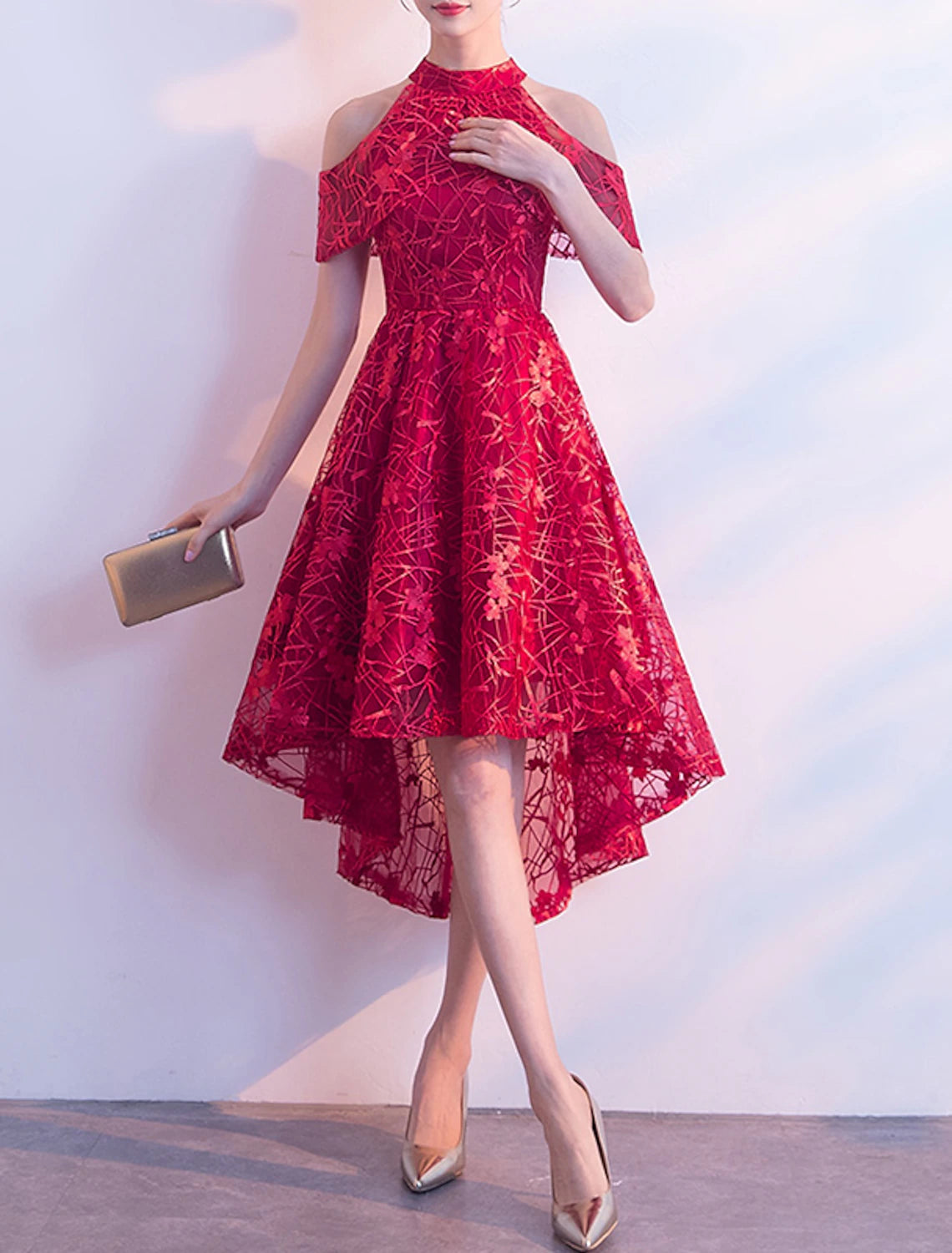 Abiti da cocktail a trapezio, eleganti, da invitare a nozze, asimmetrici, a maniche corte, con scollo gioiello, in tulle con pieghe, motivo/stampa