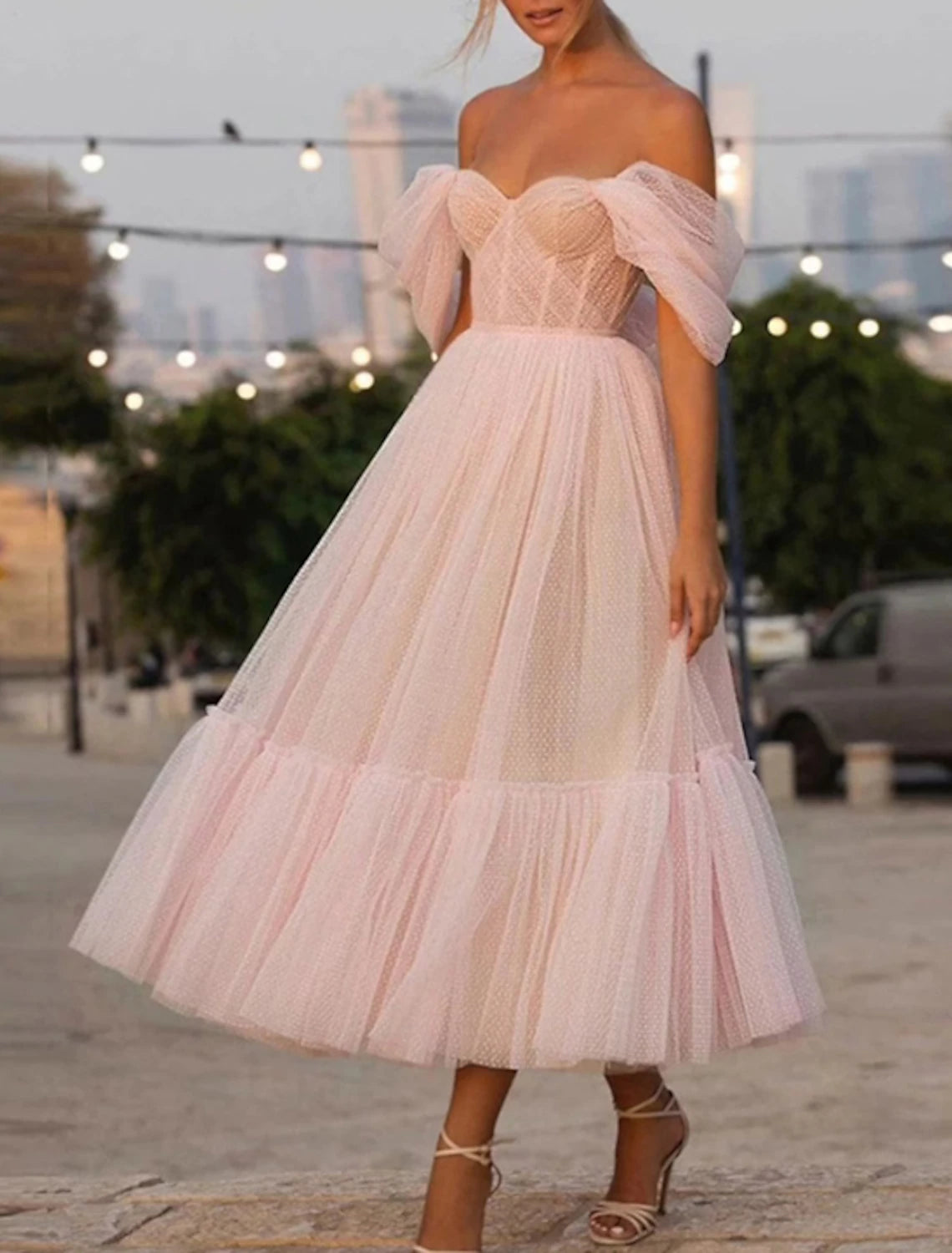 Abiti da ballo a trapezio, abiti da principessa, abiti da ospite per matrimoni, abiti da ballo per la casa, lunghezza alla caviglia, maniche corte, senza spalline, abito rosa in tulle con arricciature