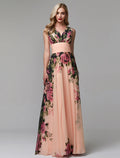 Blushing Pink Floral Chiffon A-Line V-Neck Floor-Length Bridesmaid Dress | Wedding Guest, Prom & Formal Gown