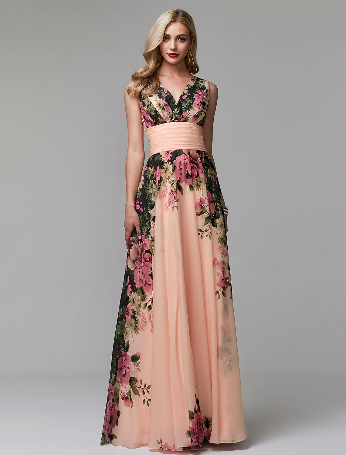 Blushing Pink Floral Chiffon A-Line V-Neck Floor-Length Bridesmaid Dress | Wedding Guest, Prom & Formal Gown