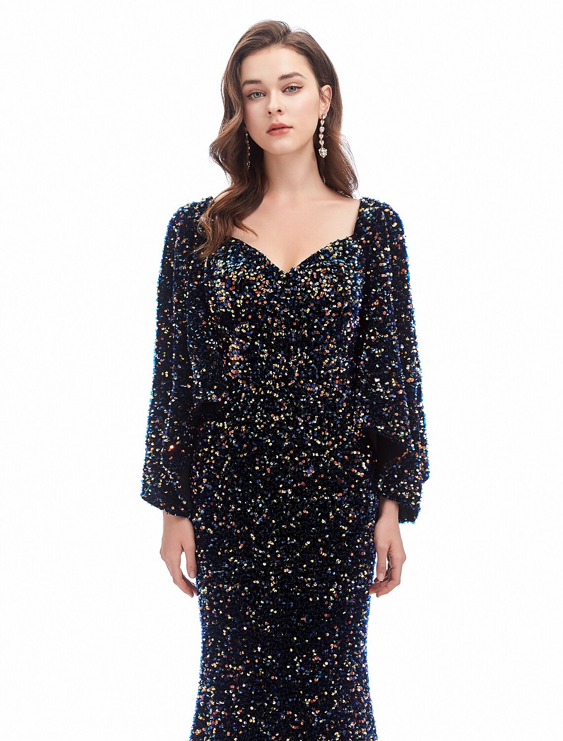 Vestido de noche de sirena/trompeta con brillo, vestido formal de noche, cola de corte, manga larga, escote corazón con lentejuelas