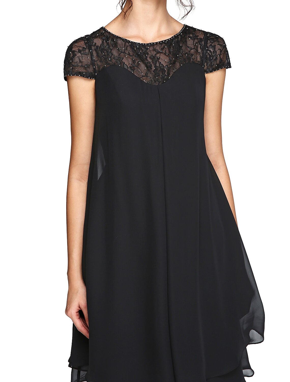 Abito da sposa a trapezio, elegante, in chiffon, con scollo a V, lunghezza al ginocchio, manica corta e paillettes, taglie forti