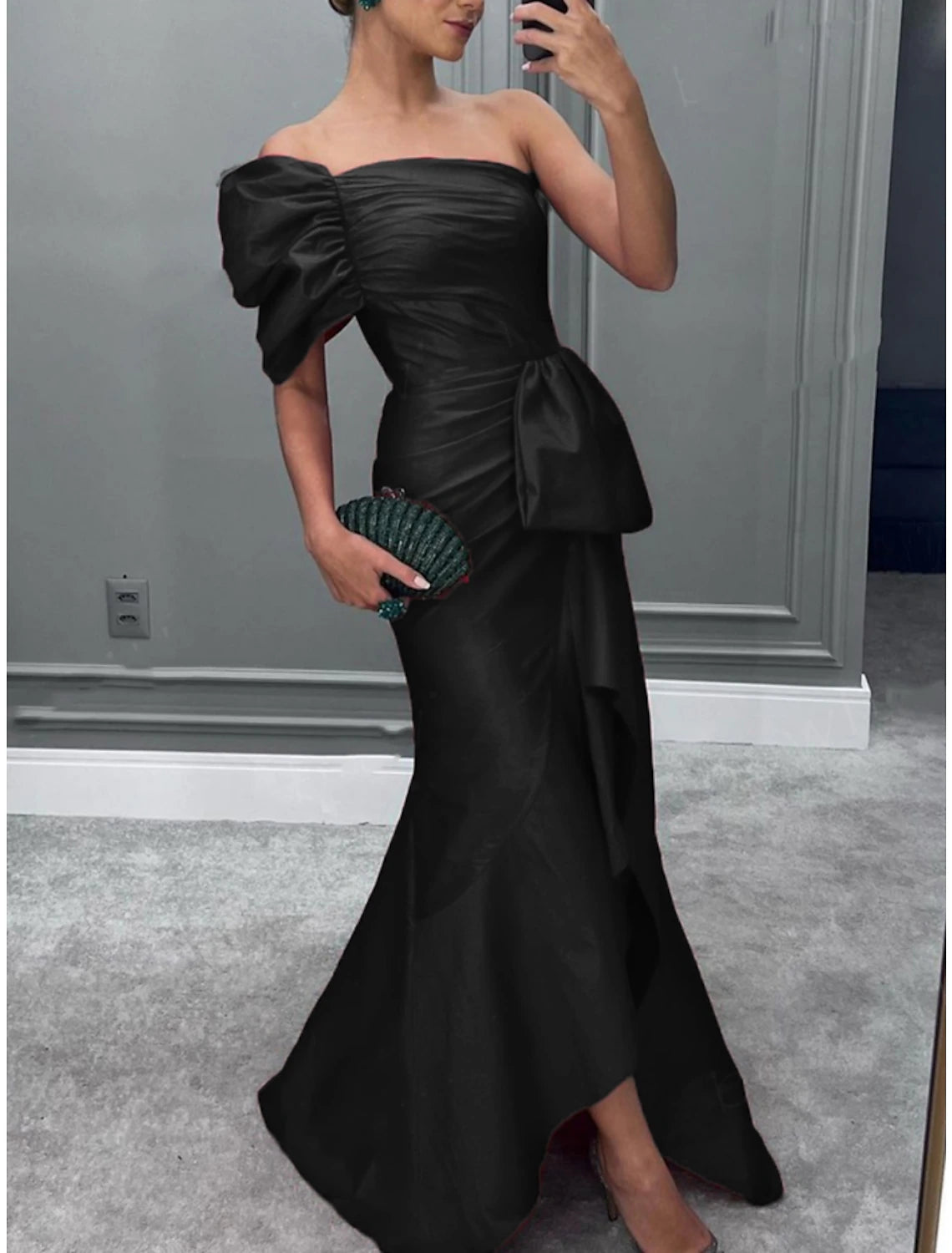 Mermaid / Trumpet Evening Gown Elegant Dress Formal Christmas Red Green Dress Sweep / Brush Train Short Sleeve One Shoulder Satin with Ruched Ruffles 2025