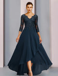 Dark Navy Chiffon Mesh Lace V-Neck A-Line High-Low Evening Dress with Lace Applique Bodice