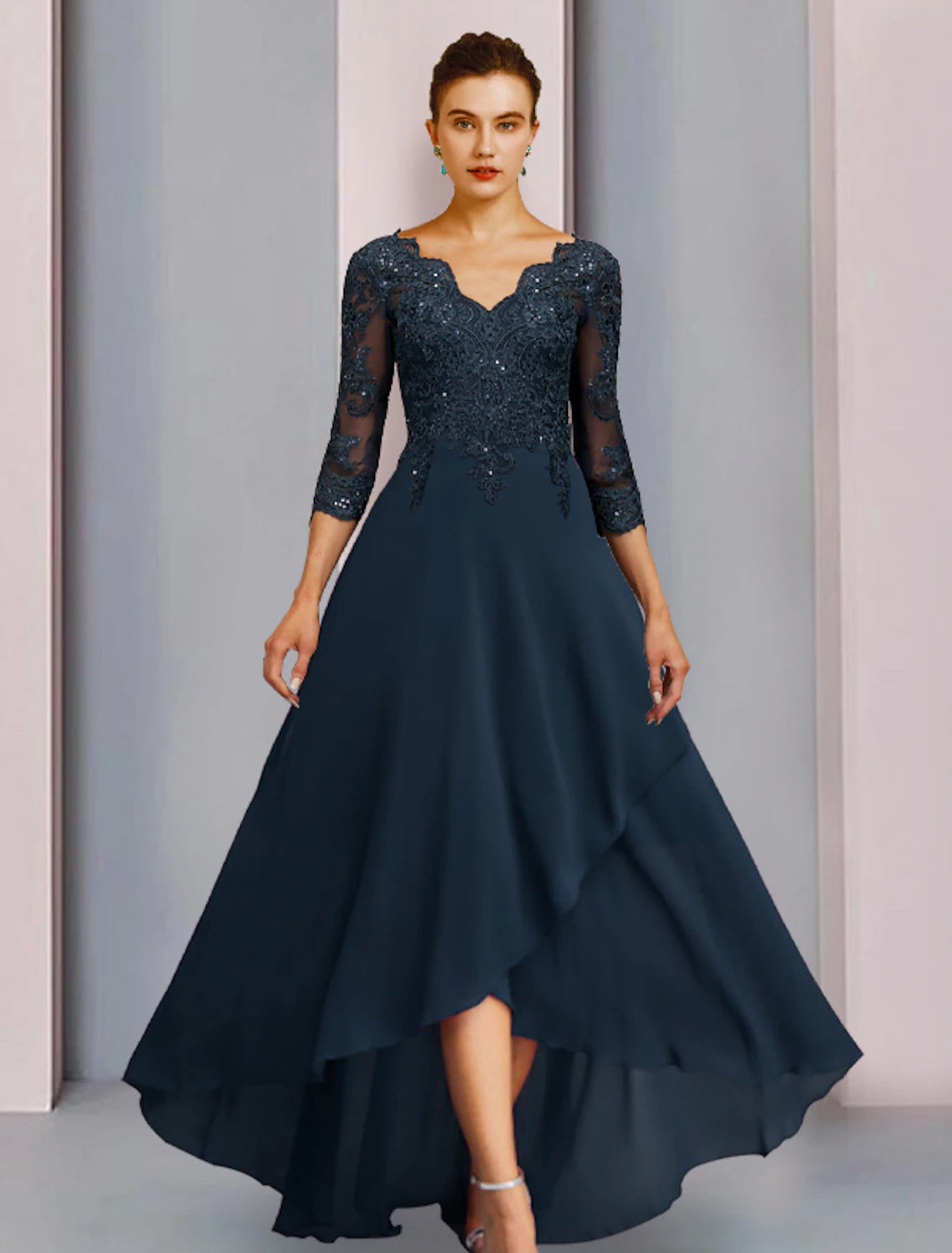 Dark Navy Chiffon Mesh Lace V-Neck A-Line High-Low Evening Dress with Lace Applique Bodice