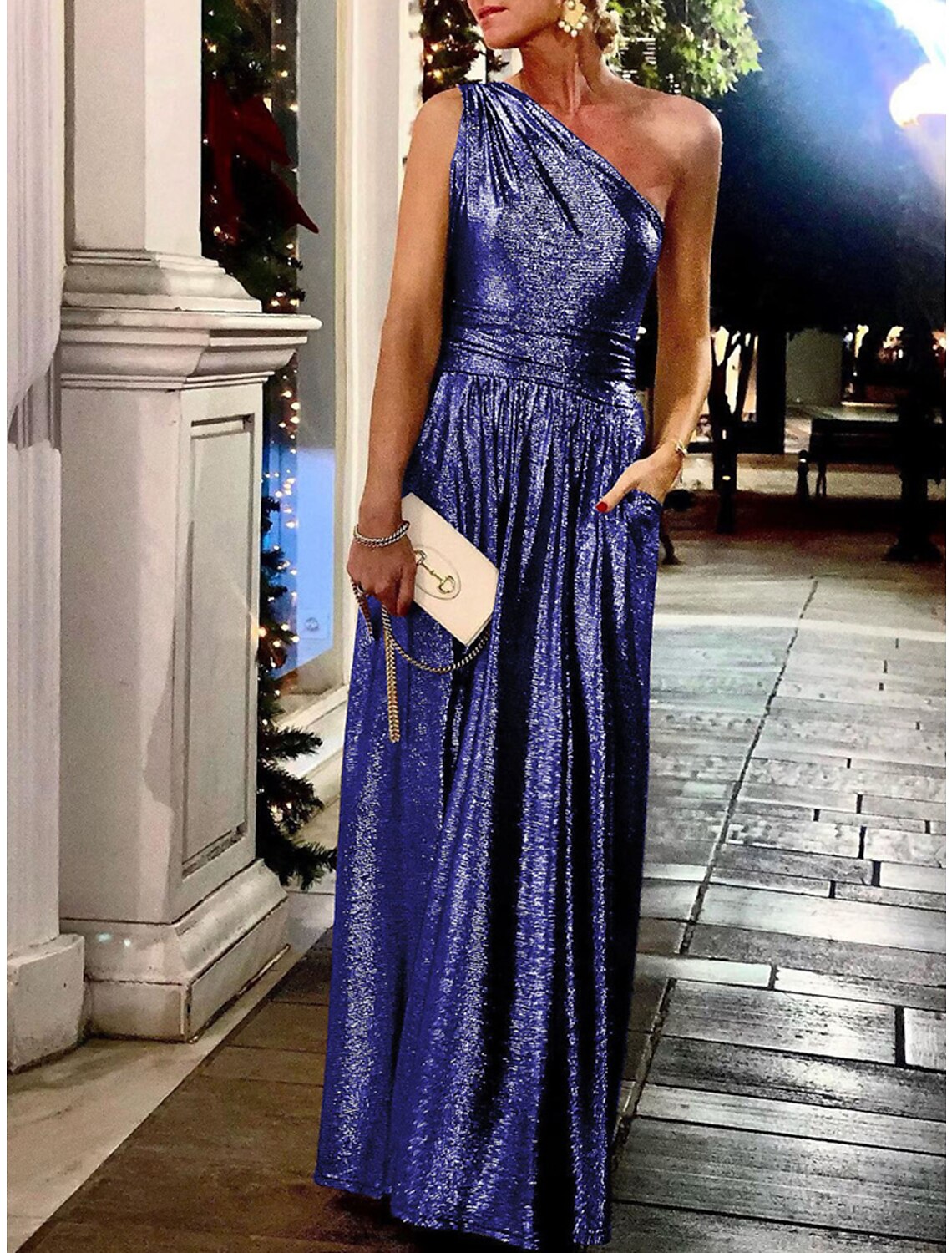 Abito da festa da donna, abito da ballo, abito da invitato a nozze, abito lungo, abito lungo, argento, blu, viola, senza maniche, colore puro, tasca, estate, primavera, monospalla, moda, sera, festa, invitato a nozze, vacanza