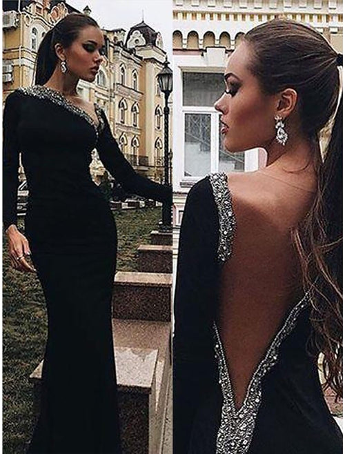 Black Crepe One Shoulder Embellished Sheath/Column Floor-Length Gown