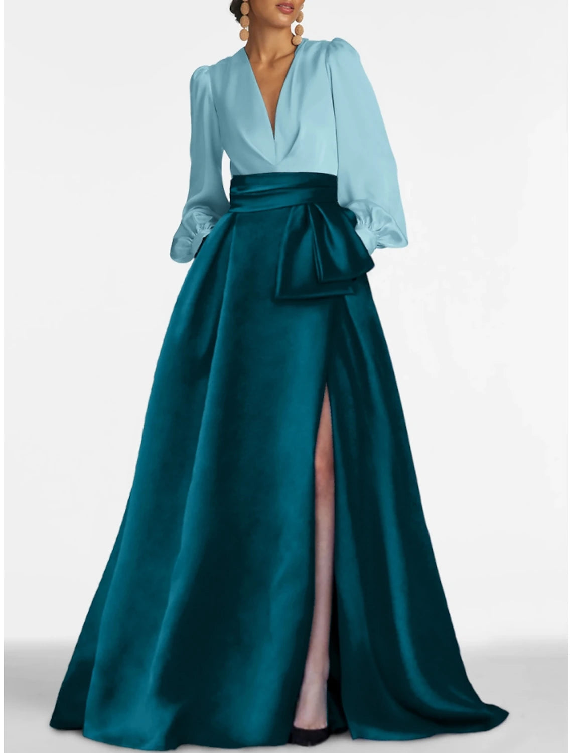 Forest Green Satin A-Line Floor-Length V-Neck Evening Dress with Structured Bow