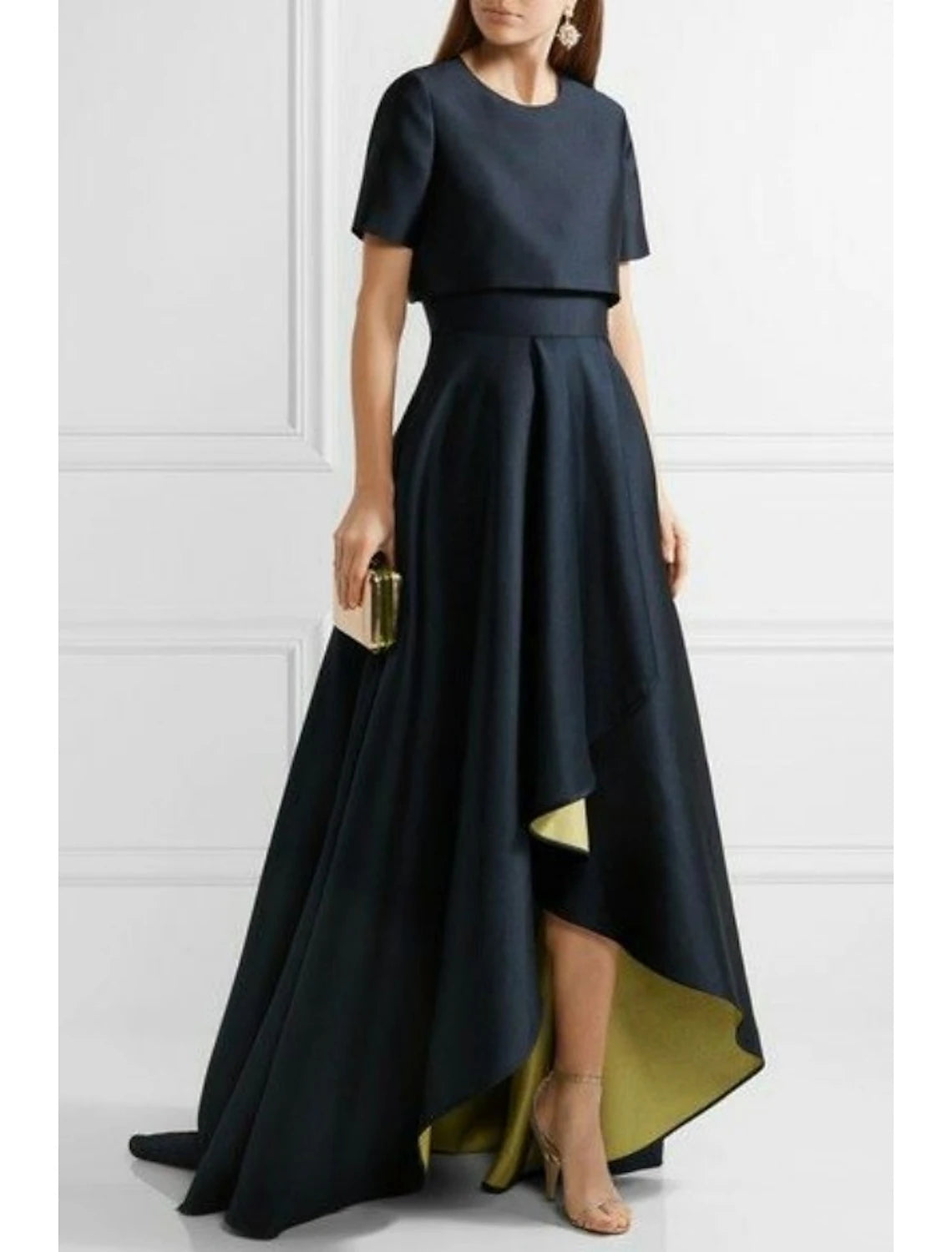 Dark Navy Satin A-Line Scoop Neck Long Evening Dress