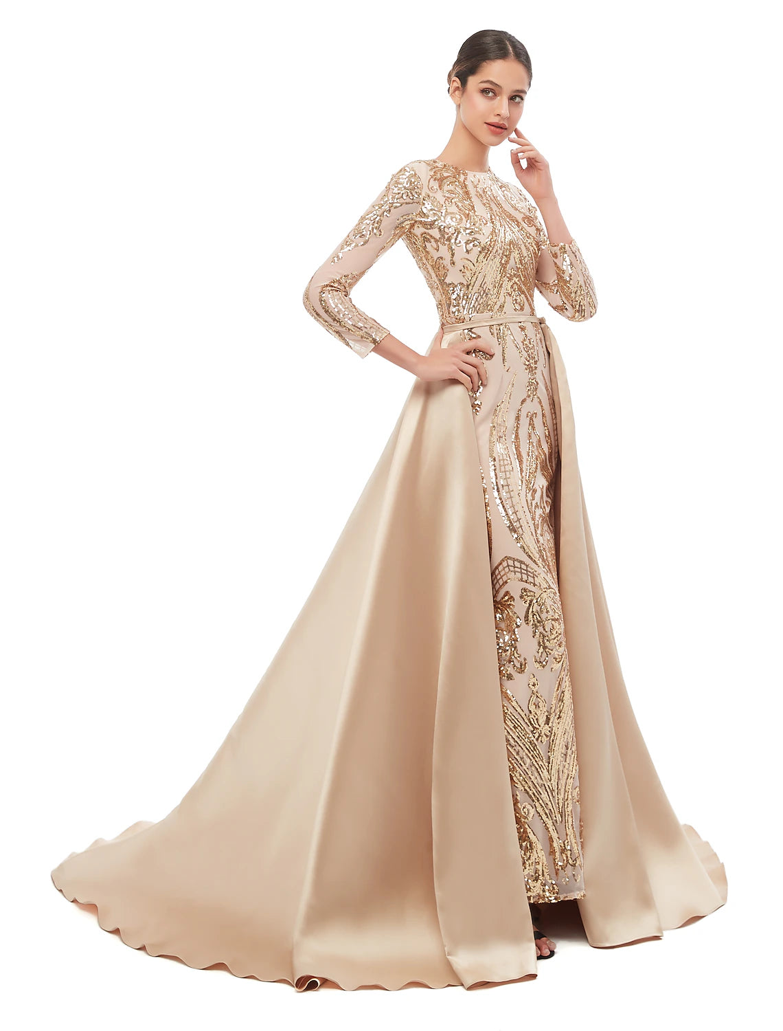 Vestido de noche formal elegante estilo sirena/trompeta, estilo vintage, con escote joya, manga larga y lentejuelas desmontables.