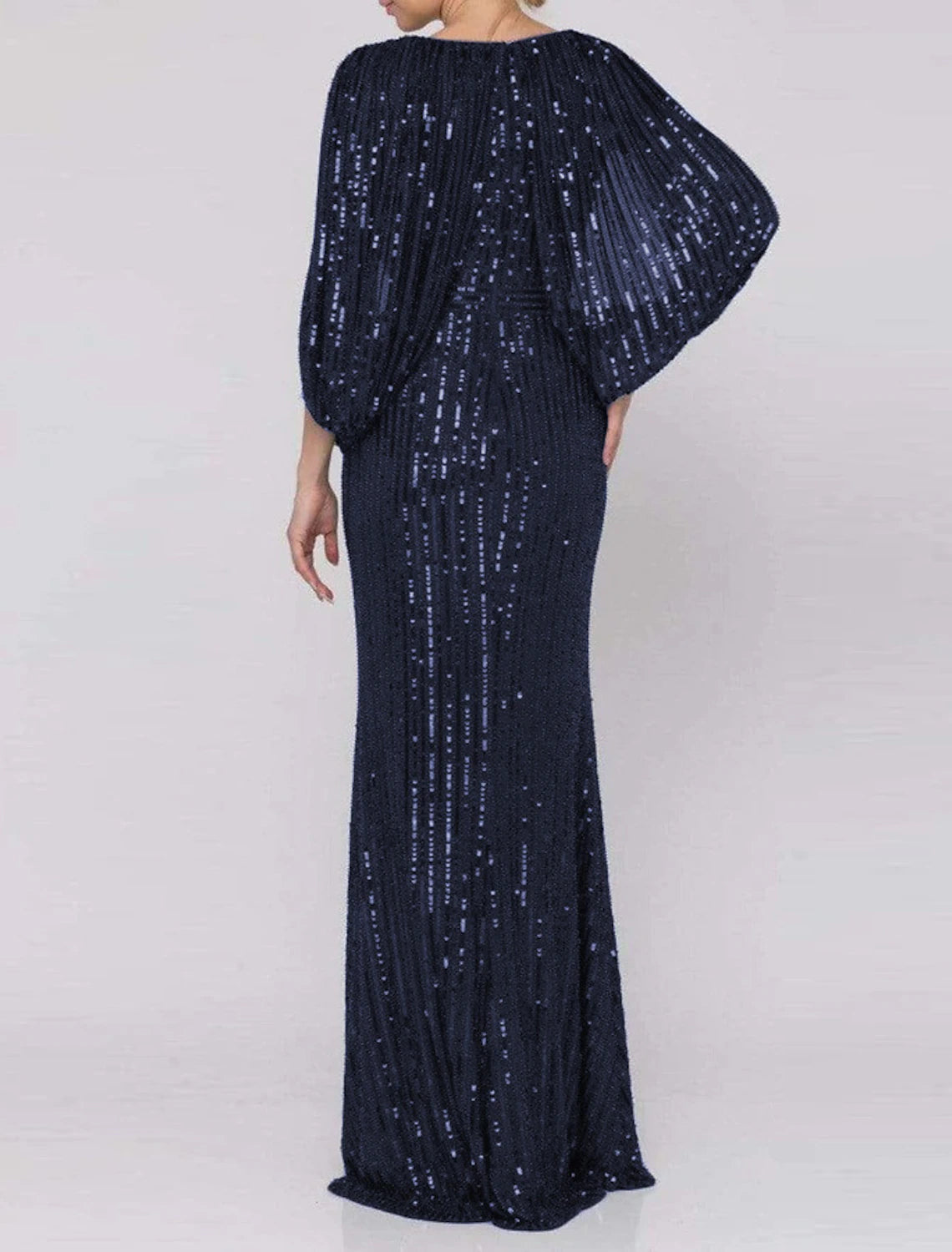 Dark Navy Glitter Fabric Floor-Length Evening Dress with Ruched Bodice and High Slit