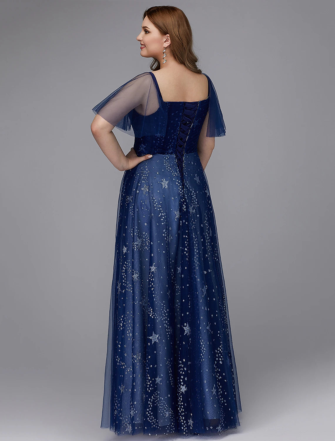 Abito a trapezio taglie forti per invitati a nozze, ballo di fine anno, lunghezza al pavimento, manica corta, scollo a cuore, tulle, allacciatura con motivo di perline/stampa 2025