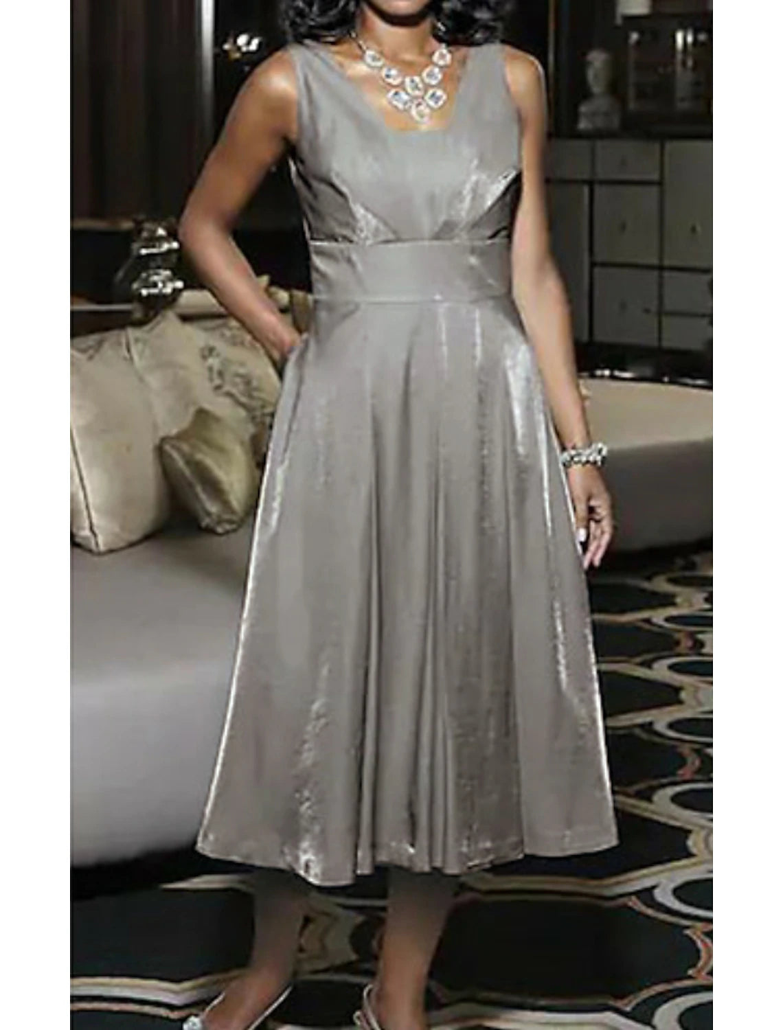 Abito da cerimonia per la madre della sposa, a trapezio, elegante, vintage, taglie forti, con scollo quadrato, lunghezza tè, in poliestere, maniche a 3/4, con arricciature