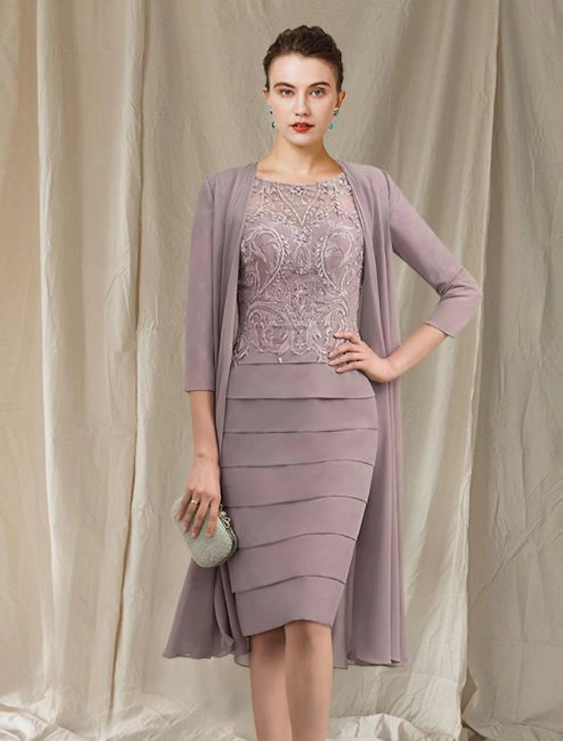 Vestido de dos piezas para madre de la novia, elegante, estilo iglesia, con escote joya, largo hasta la rodilla, de gasa, con encaje, media manga y apliques