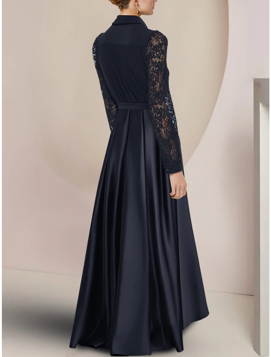 Dark Navy A-Line Asymmetrical Evening Dress with Lace Sleeves