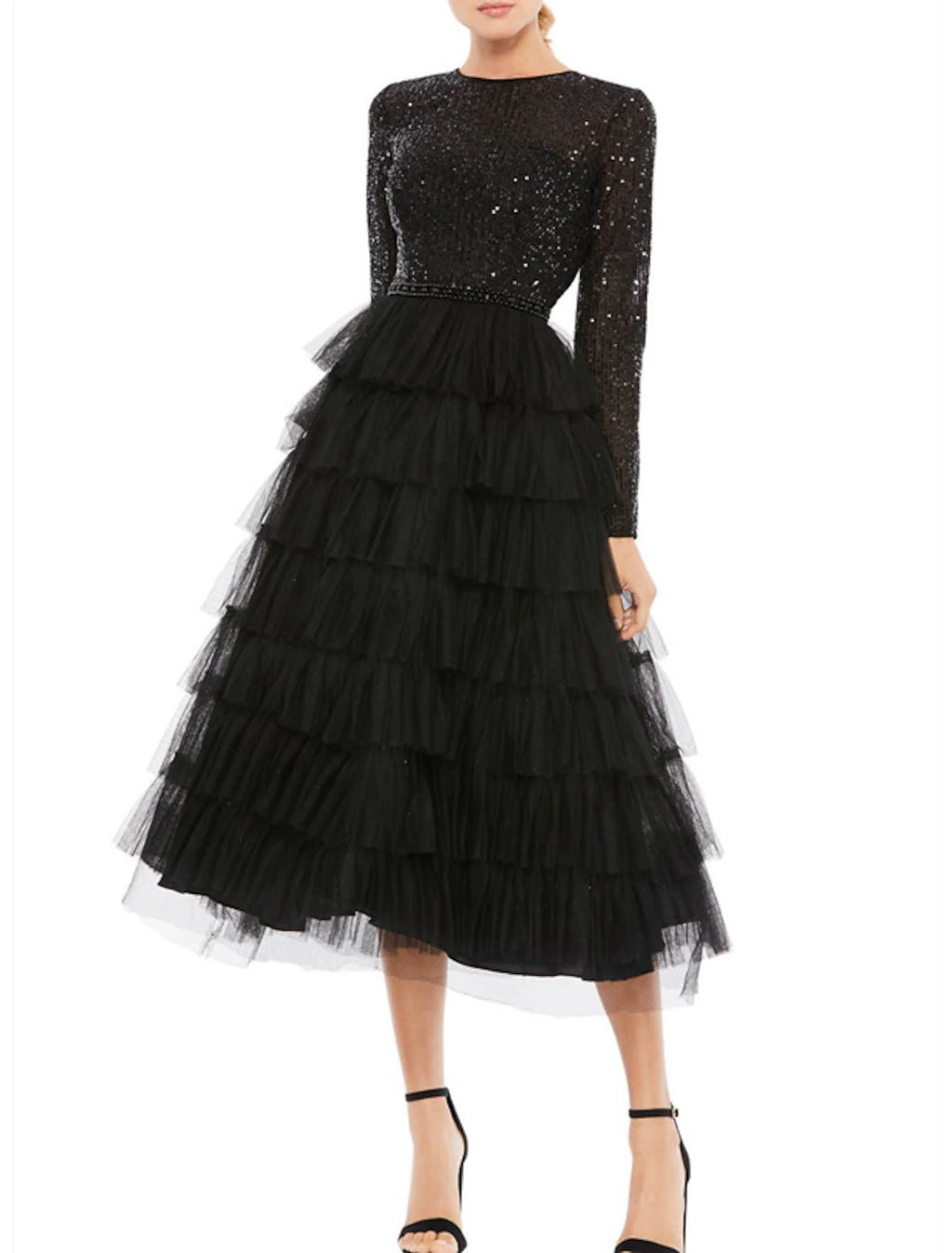 Abiti da cocktail a trapezio, eleganti, da invitare a nozze, da indossare in occasione di feste, lunghezza tè, maniche lunghe, scollo gioiello, in tulle con paillettes a strati.