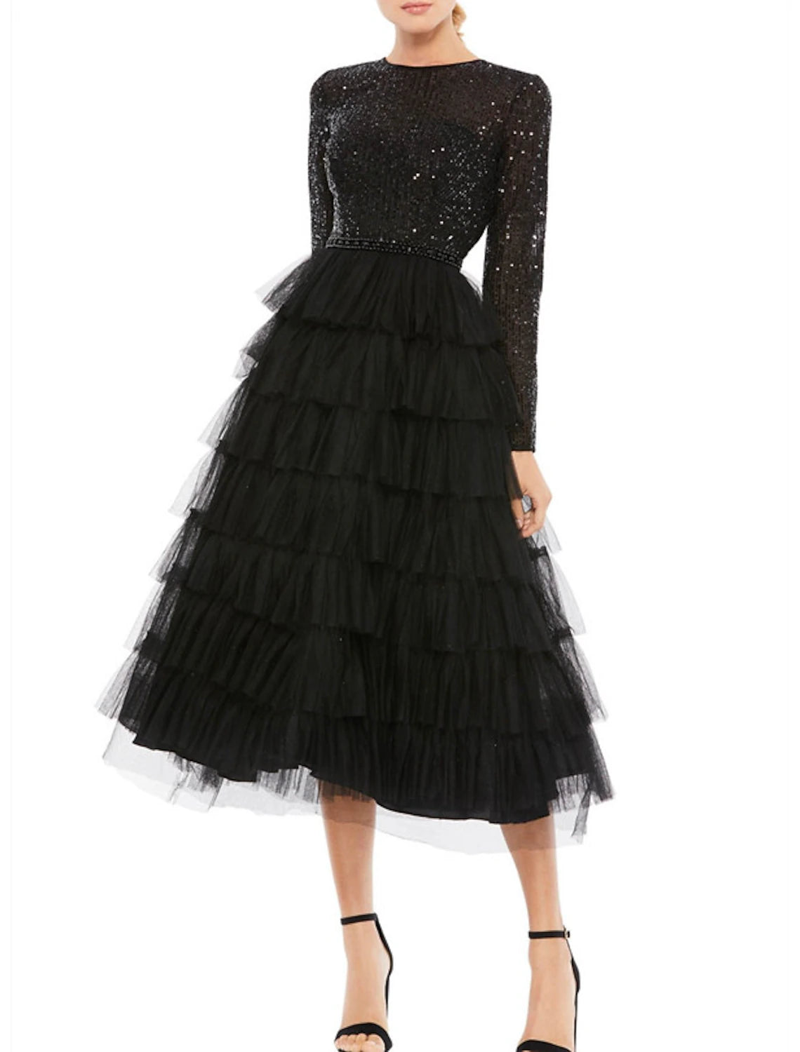 Abiti da cocktail a trapezio, eleganti, da invitare a nozze, da indossare in occasione di feste, lunghezza tè, maniche lunghe, scollo gioiello, in tulle con paillettes a strati.