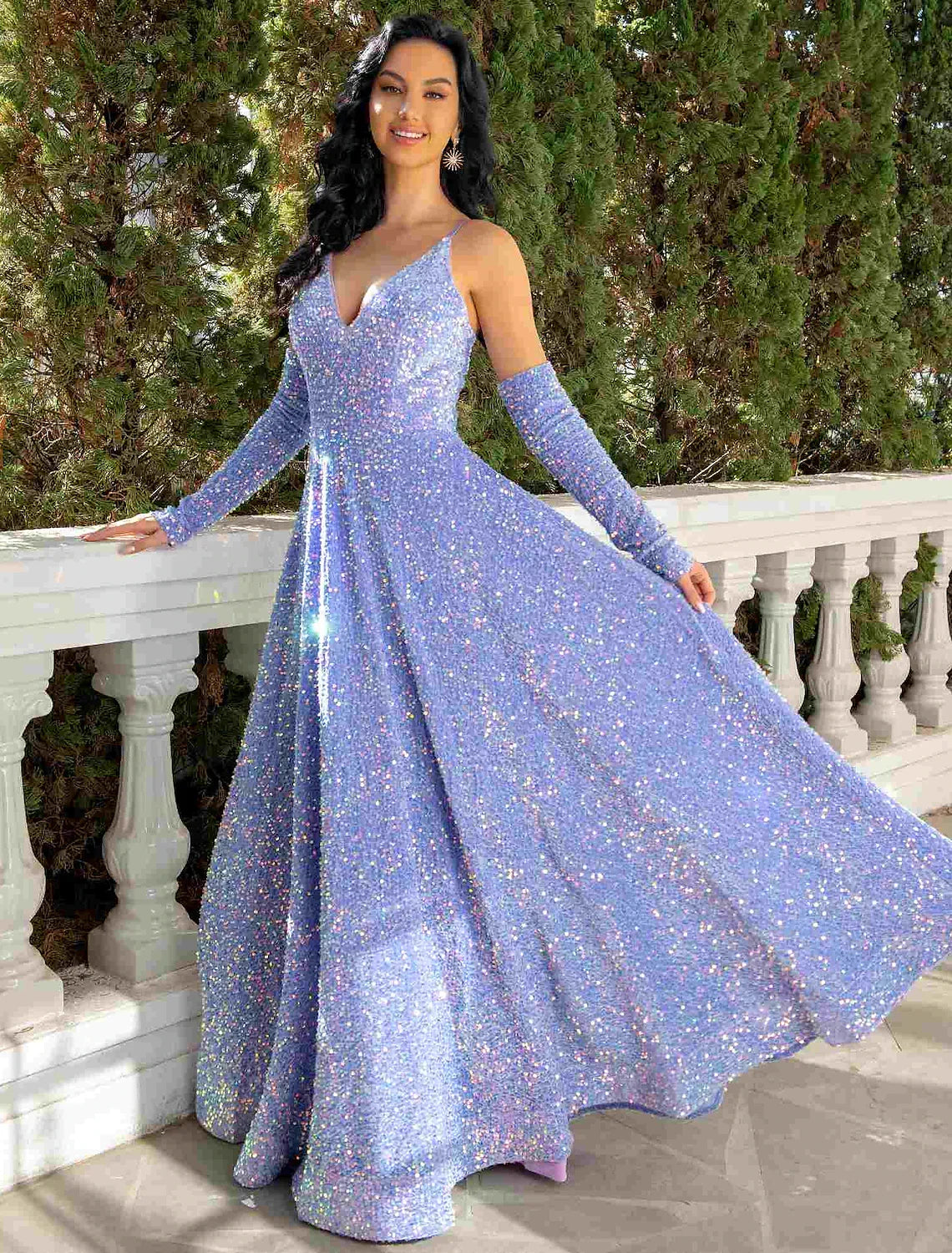 Lavender Sequin A-Line V-Neck Floor-Length Gown with Detached Cold-Shoulder Sleeves