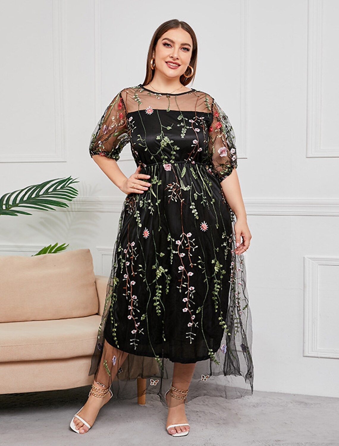 Mother of the Bride Dresses Plus Size Curve Hide Belly Party Plus Size Hide Belly Scoop Neck Ankle Length Tulle Half Sleeve with Embroidery Ruching