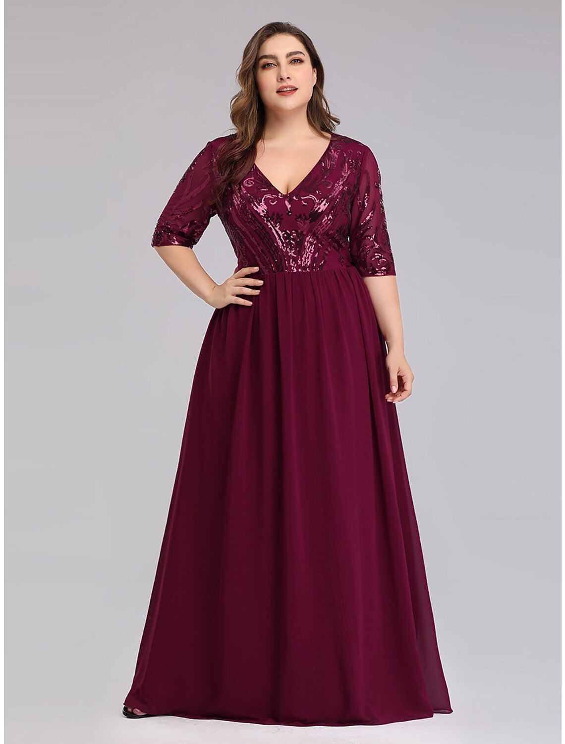 Vestidos de fiesta de corte A, talla grande, para invitados de boda, hasta el suelo, media manga, escote pronunciado, de gasa con