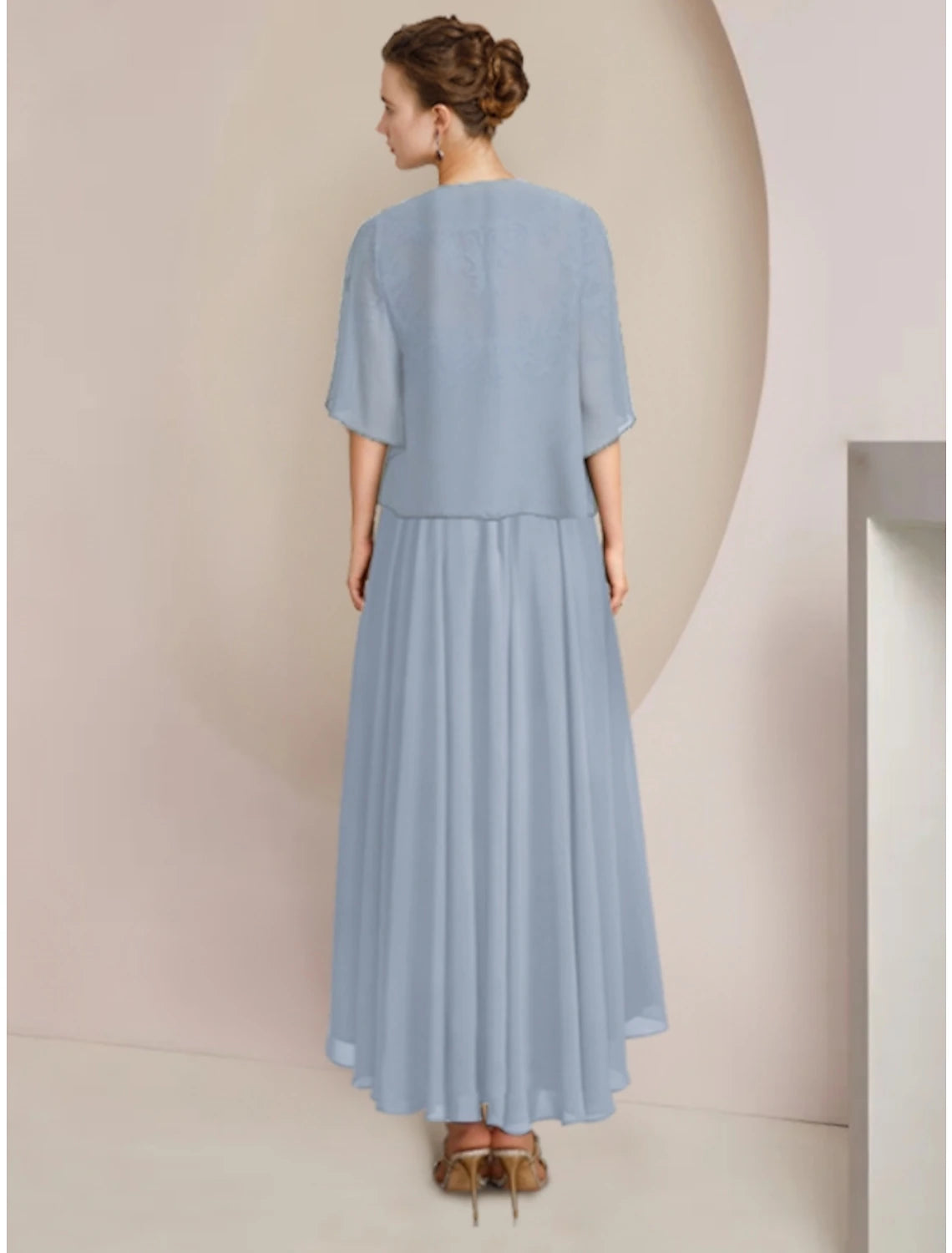 Dusty Blue Chiffon A-Line Asymmetrical Dress with Lace Bodice, High-Low Hem & Matching Bolero
