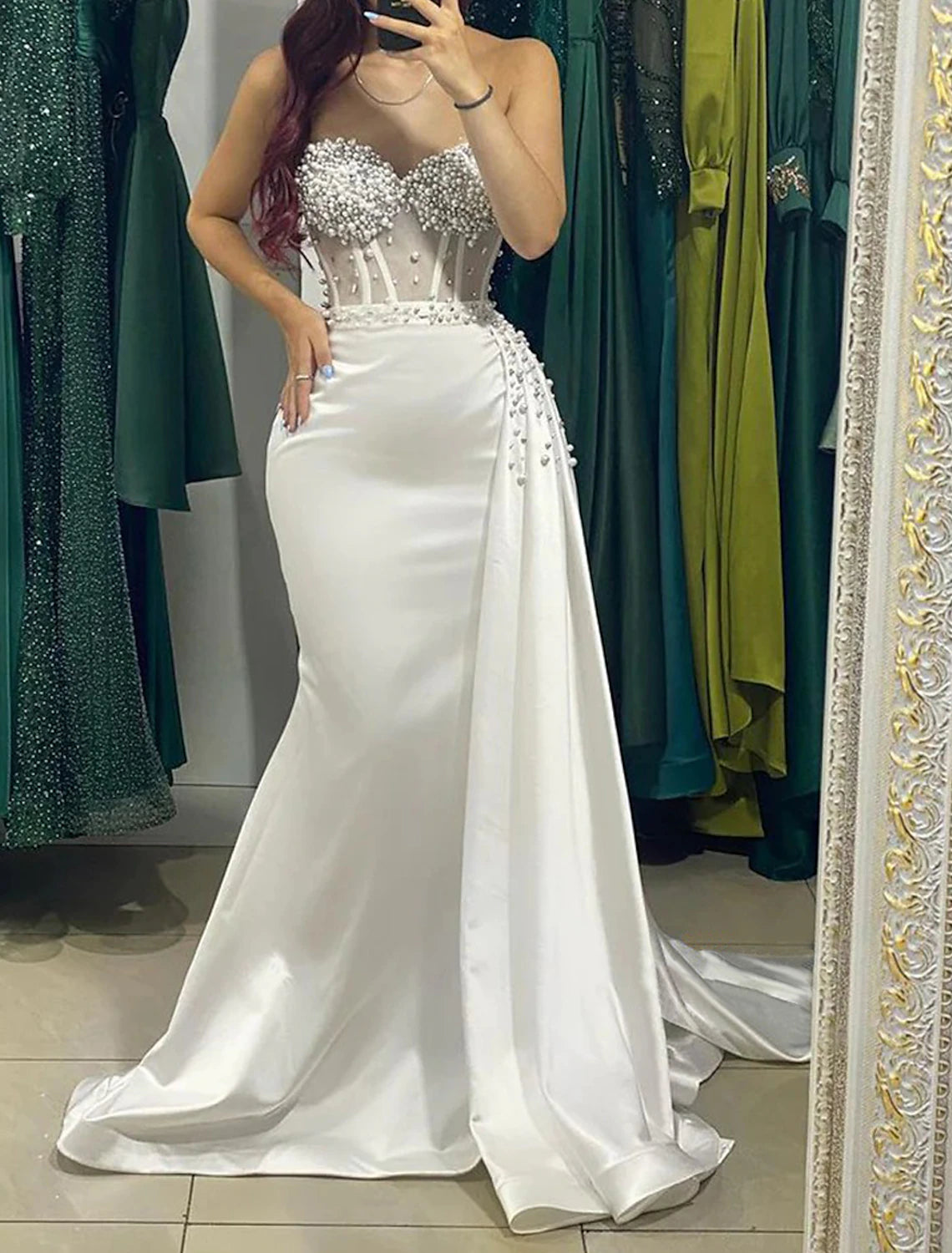 Mermaid / Trumpet Evening Gown Corsets Dress Formal Wedding Court Train Sleeveless Strapless Satin with Ruched Pearls 2025
