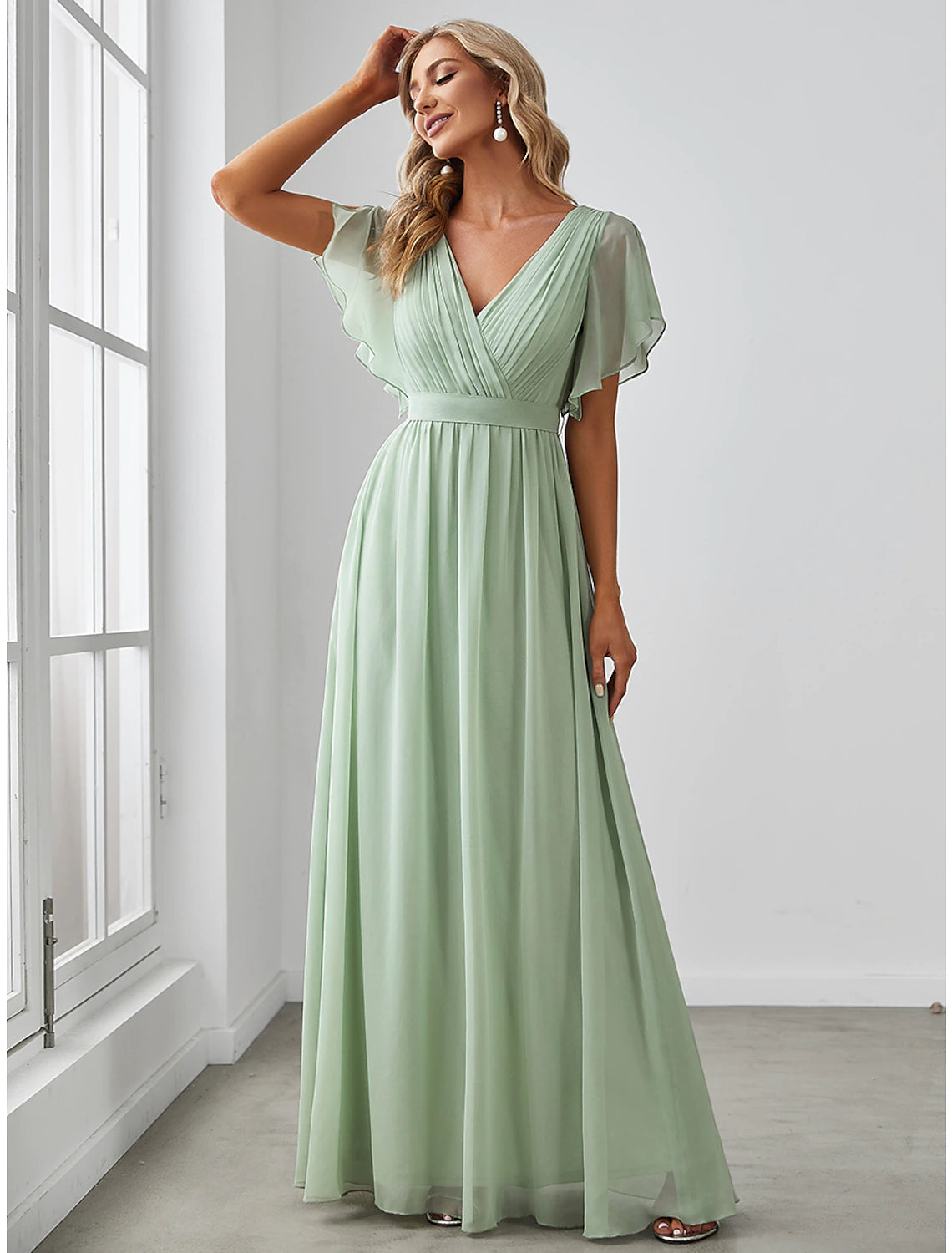 Sage Green Chiffon A-Line Floor-Length V-Neck Bridesmaid Dress with Flutter Sleeves
