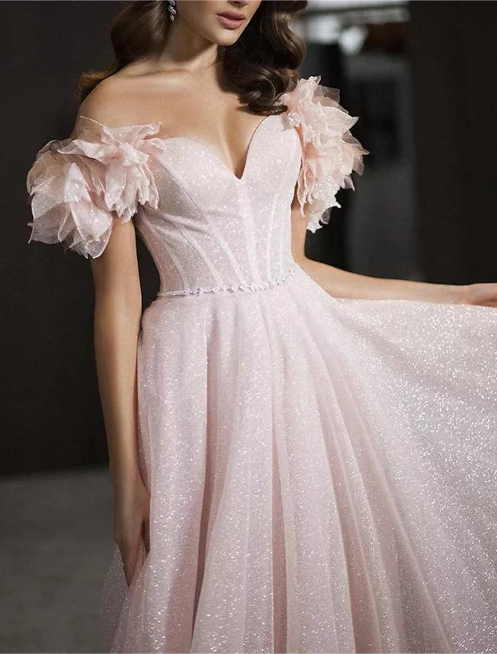 Blushing Pink Off-the-Shoulder Floral Applique A-Line Floor-Length Gown