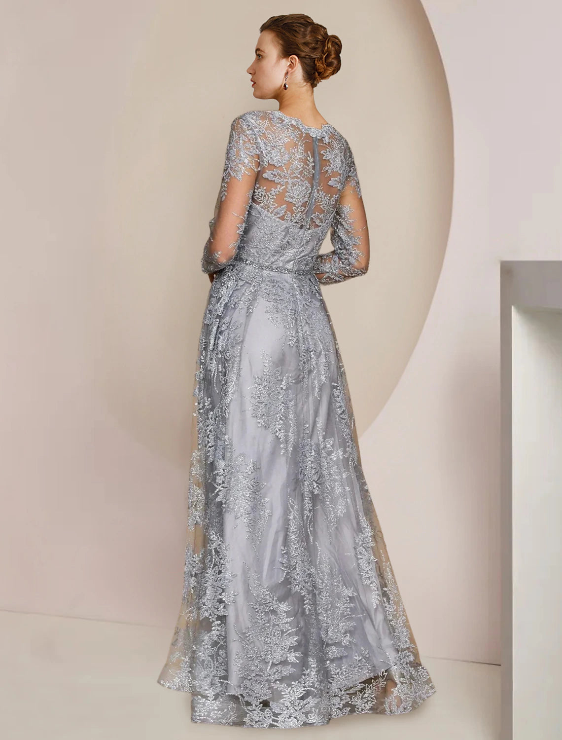 Silver Lace A-Line Floor-Length V-Neck Evening Dress with Full-Coverage Lace Overlay