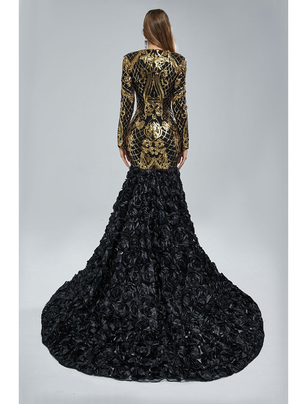 Black Sequin Mermaid V-Neck Floor-Length Evening Dress with Gold Bodice & 3D Floral Skirt