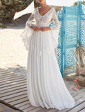 White Lace V-Neck A-Line Floor-Length Bridesmaid Dress
