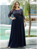 Vestido de madre de la novia de corte A para invitada de boda, talla grande, elegante, cuello joya, largo hasta el suelo, tul con lentejuelas, manga 3/4 con caída de lentejuelas