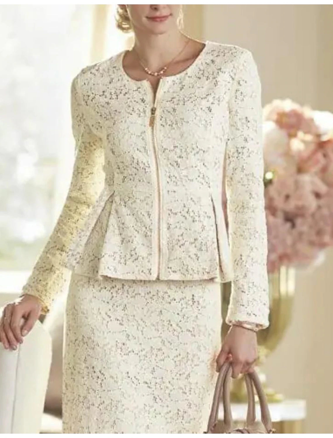 Vestido de dos piezas tipo tubo/columna para madre de la novia, elegante, para invitada de boda, fiesta, escote redondo, largo hasta la rodilla, encaje, manga larga, cruzado, incluido, con color sólido