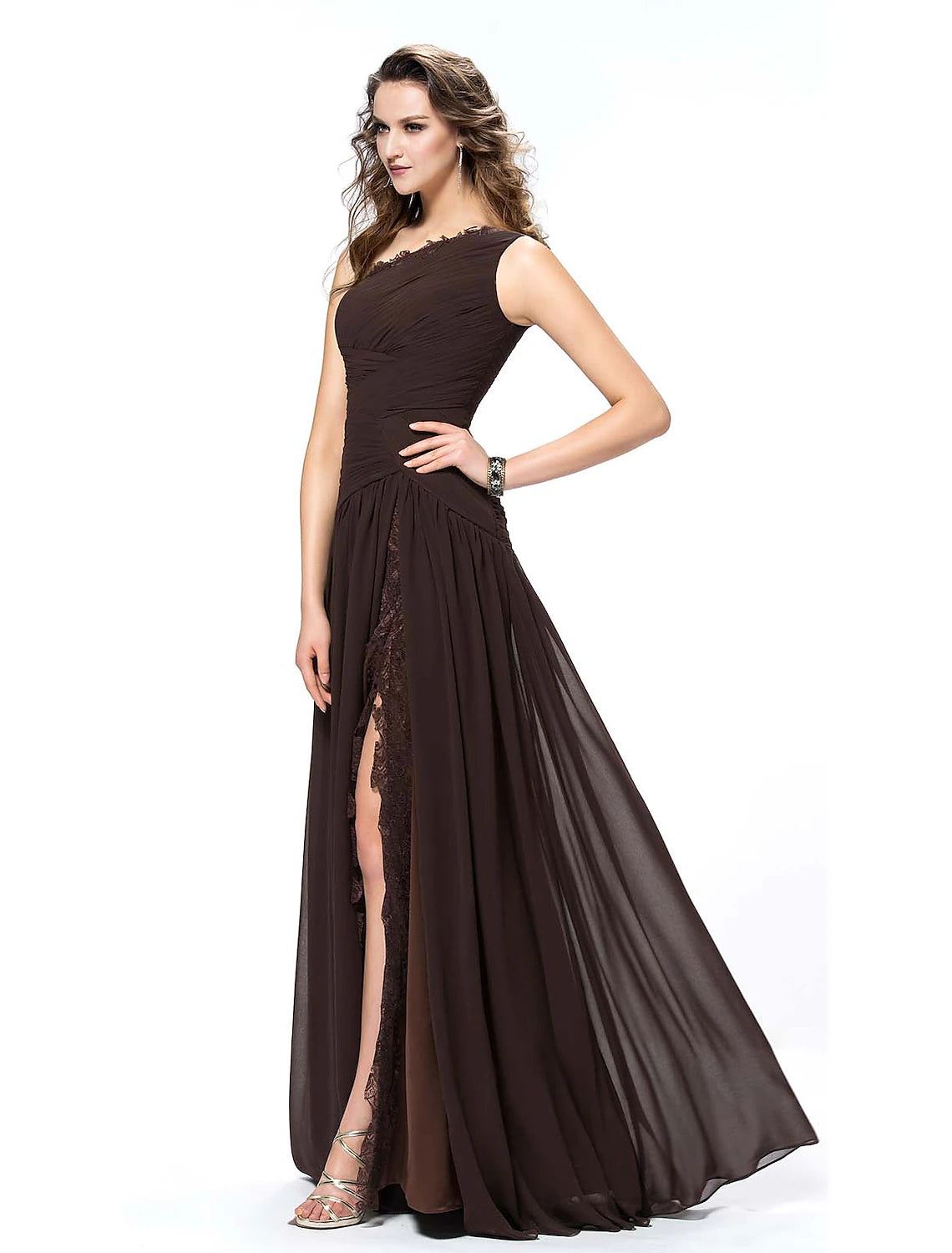 Espresso Chiffon A-Line One Shoulder Floor-Length Evening Dress with Draped Bodice and High Slit