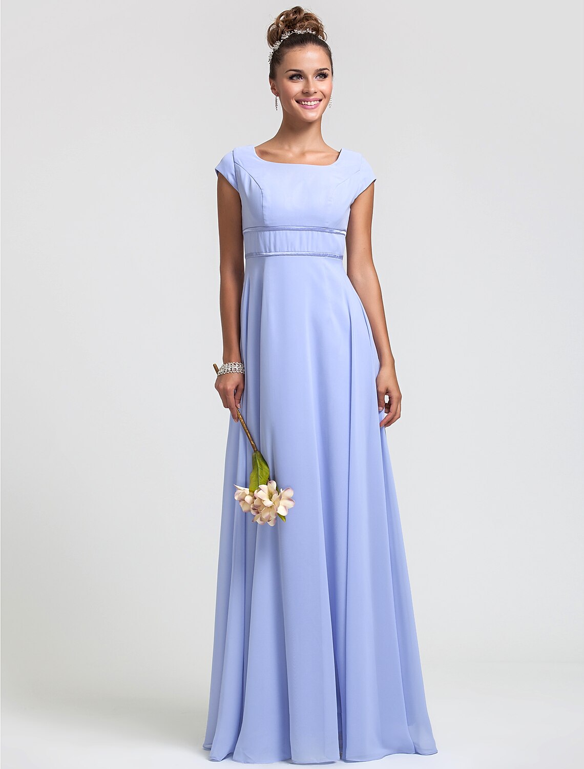 Orange Chiffon A-Line Floor-Length Bridesmaid Dress with Square Neck & Cap Sleeves