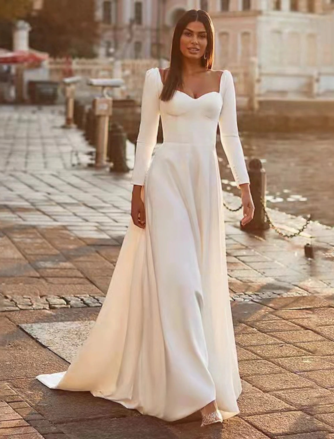 Elegant Ivory Satin A-Line Floor-Length Bridesmaid Dress with Sweetheart Neckline & Long Sleeves