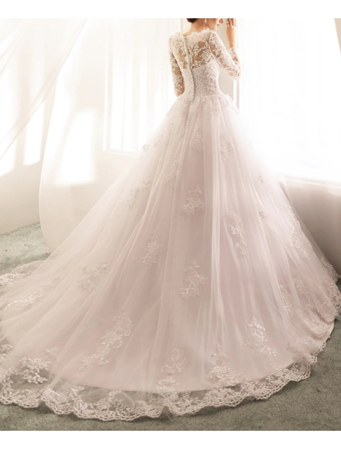 Vestidos de novia formales de compromiso, vestido de baile, cuello ilusión, manga larga, cola de corte, vestidos de novia de encaje con apliques