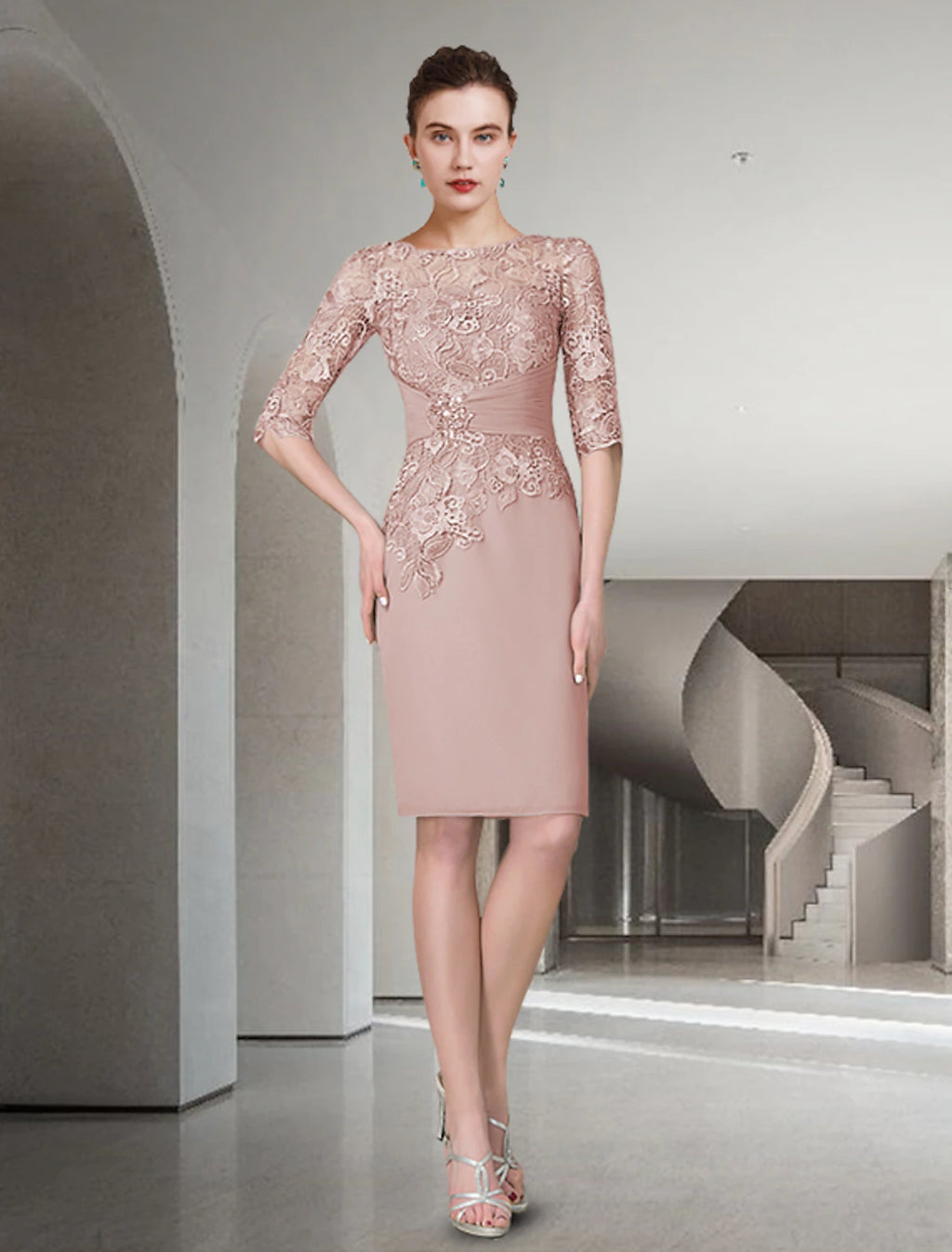Dusty Rose Lace & Chiffon Sheath/column Knee-Length Scoop Neck Dress