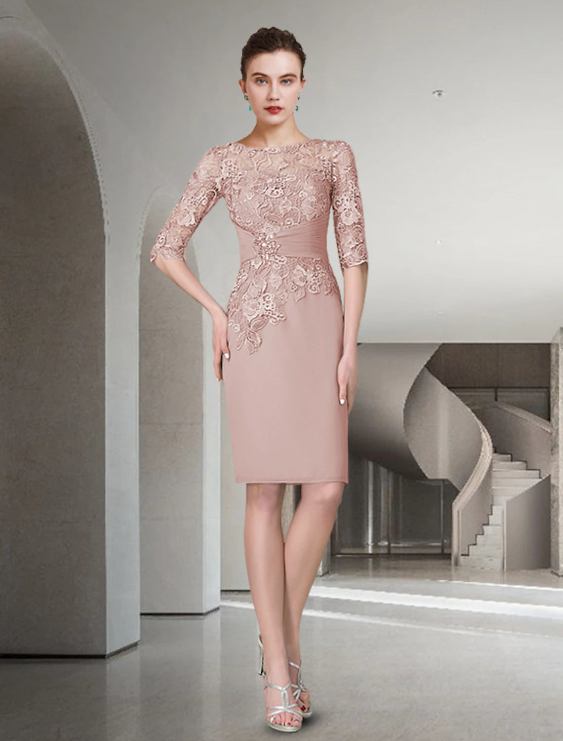 Dusty Rose Lace & Chiffon Sheath/column Knee-Length Scoop Neck Dress