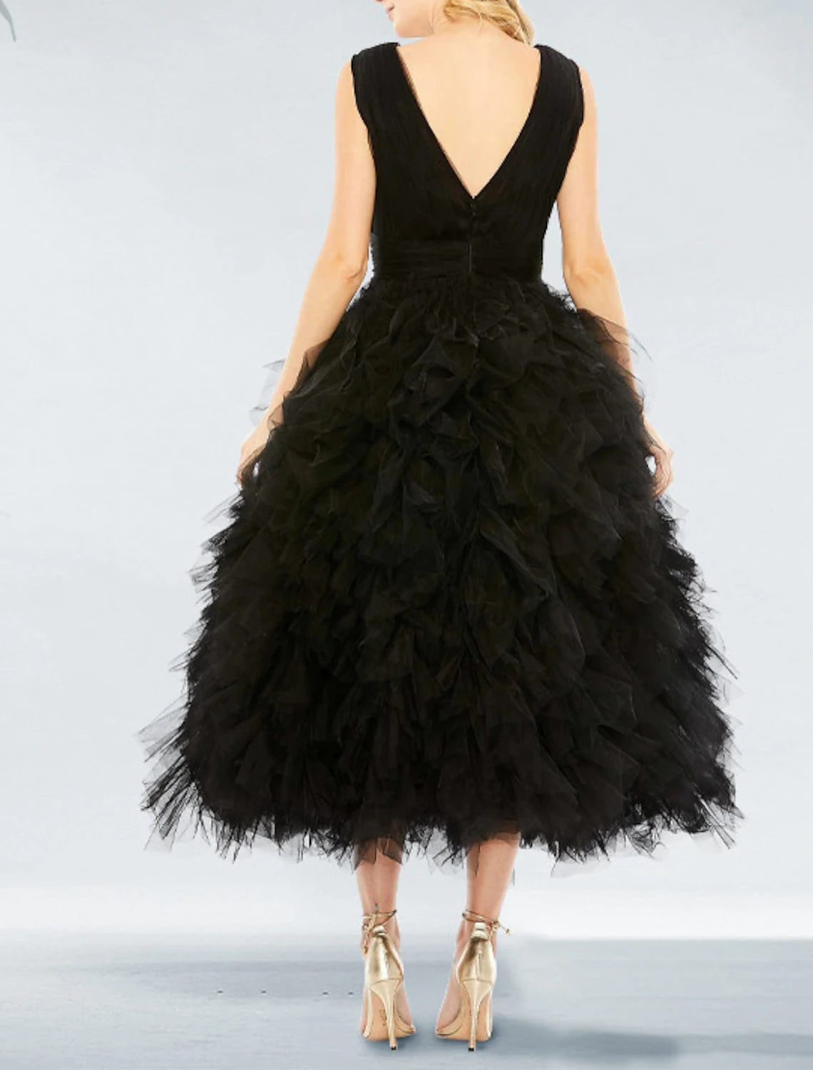 Vestido de fiesta negro, vestido vintage, vestido de boda, fiesta, cumpleaños, largo hasta la rodilla, sin mangas, cuello en V, tul con pliegues