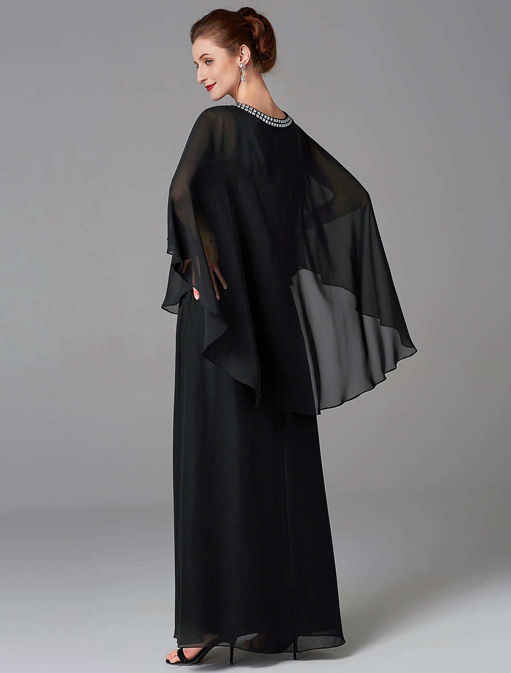 Black Chiffon A-Line Floor-Length Evening Dress - Beaded Scoop Neck