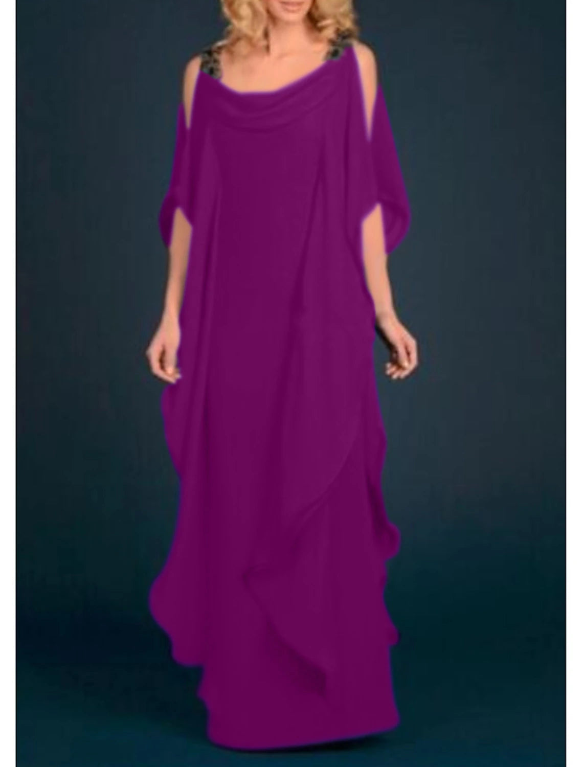 Royal Blue Chiffon A-Line Floor-Length Evening Dress with Cowl Neck & Cold Shoulder Sleeves