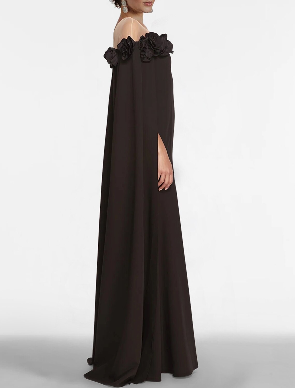 Abito da sera a trapezio, abito nero, abito floreale, ballo di fine anno, lunghezza al pavimento, senza maniche, spalle scoperte, mantelle in chiffon con scialle
