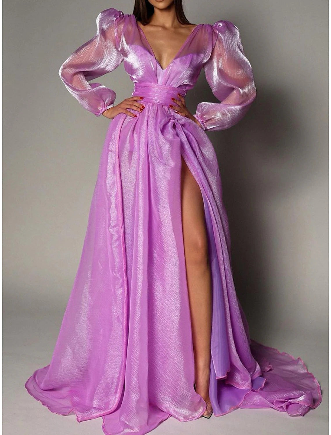 Abito da sera a trapezio con spacco alto, abito da ospite di nozze, in maschera, strascico, manica lunga, scollo a V, in organza con spacco 2025