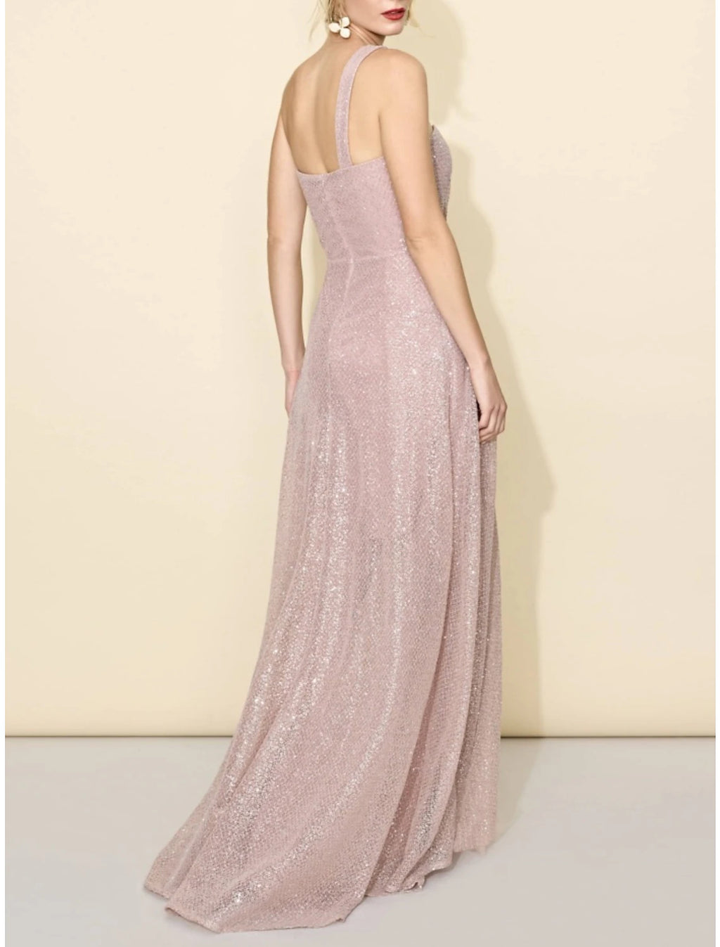 Abito da damigella d'onore a trapezio, monospalla, senza maniche, elegante, con strascico a ruota, paillettes, spacco frontale e arricciature
