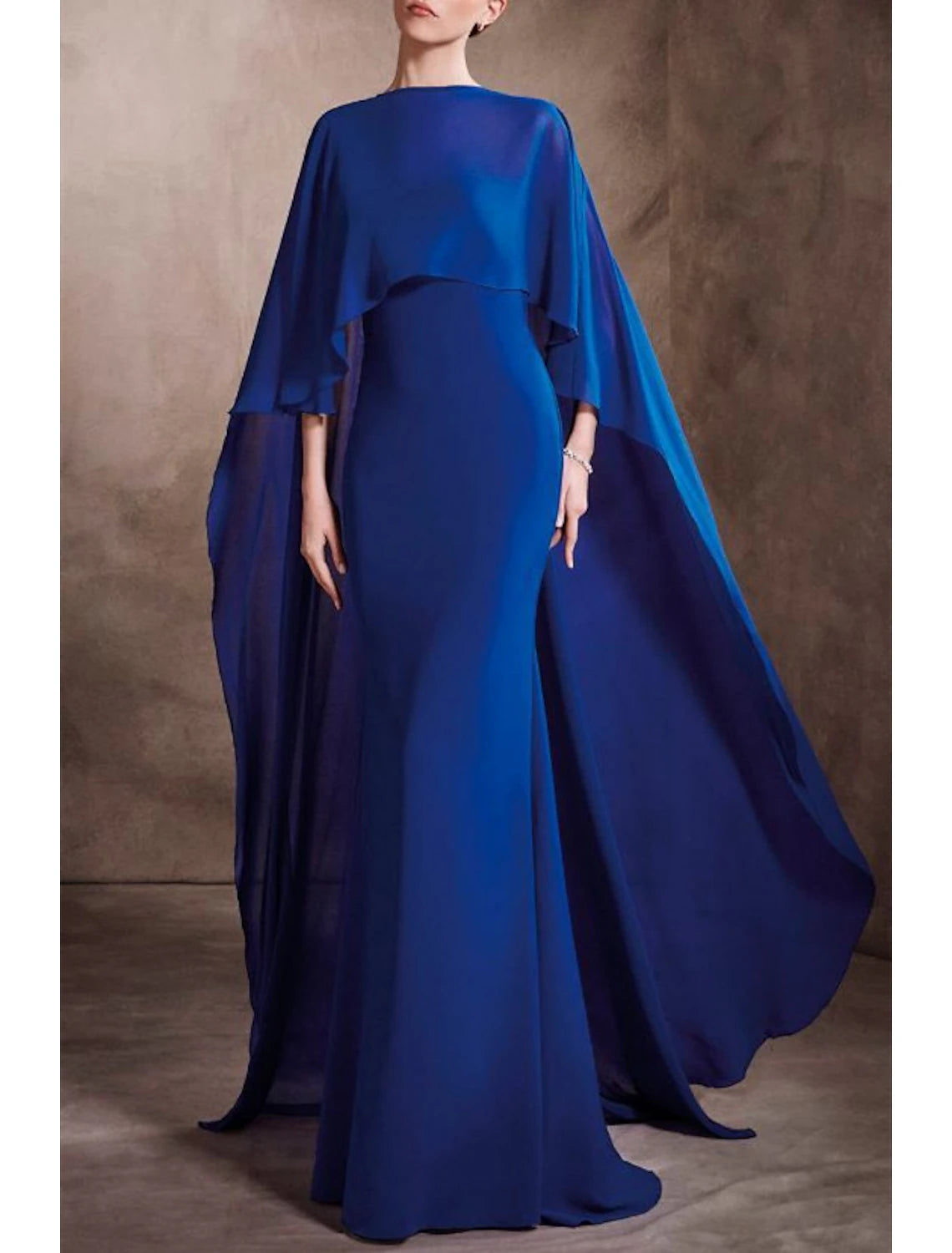 Royal Blue Crepe Sheath/column Evening Dress with Integrated Cape Overlay