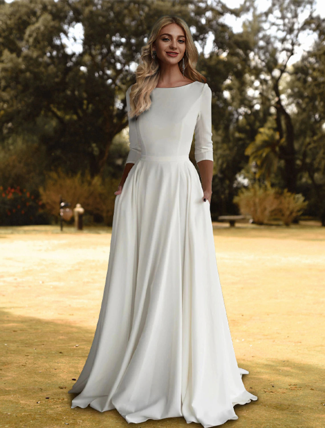 Ivory Satin A-Line Floor-Length Bridesmaid Dress with 3/4 Sleeves