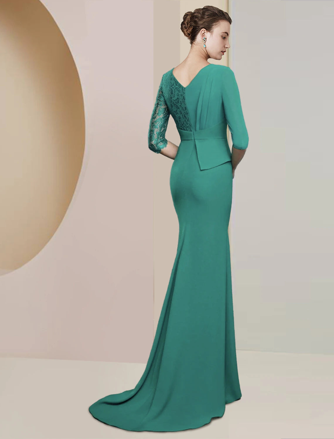 Emerald Chiffon and Lace Sheath/column Floor-Length Dress with V-Neck and Draped Bodice