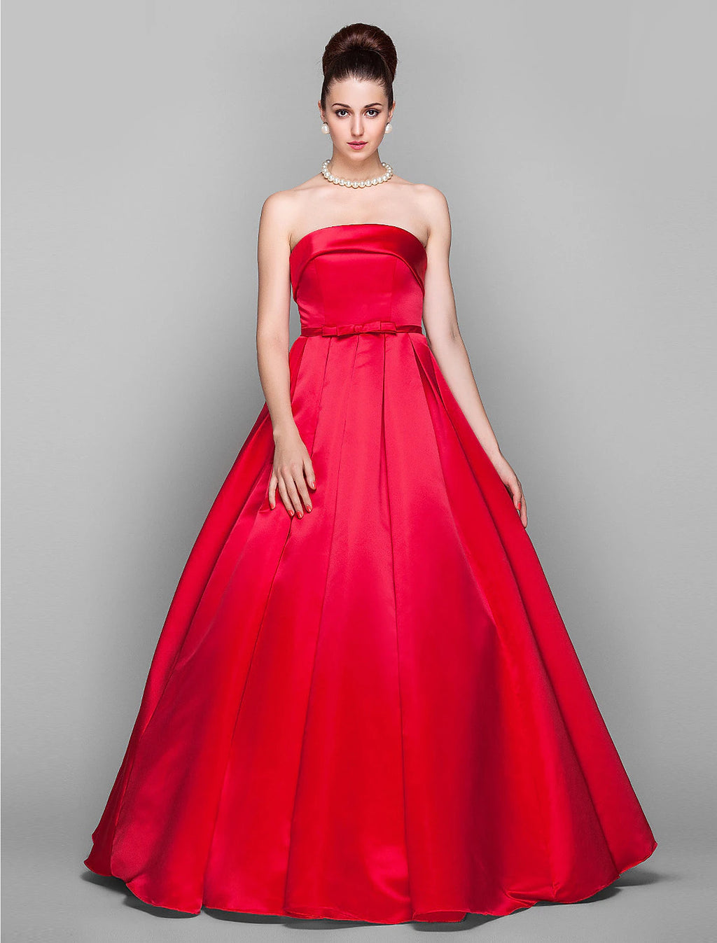 Vestido elegante de quinceañera para fiesta, largo hasta el suelo, sin mangas, sin tirantes, de satén con lazo(s)